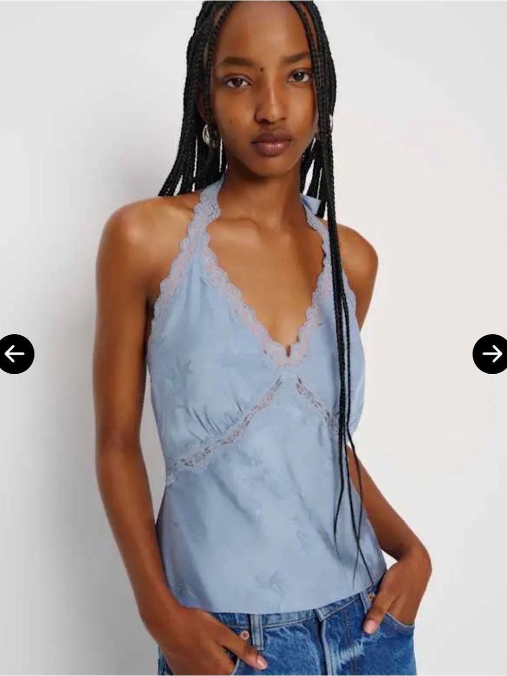Reformation Monica lace trim silk halter top in Siren (blue)
